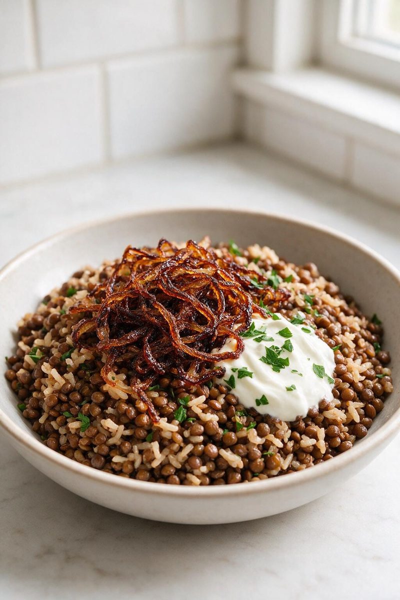 Quick Mujadara with Crispy Onions